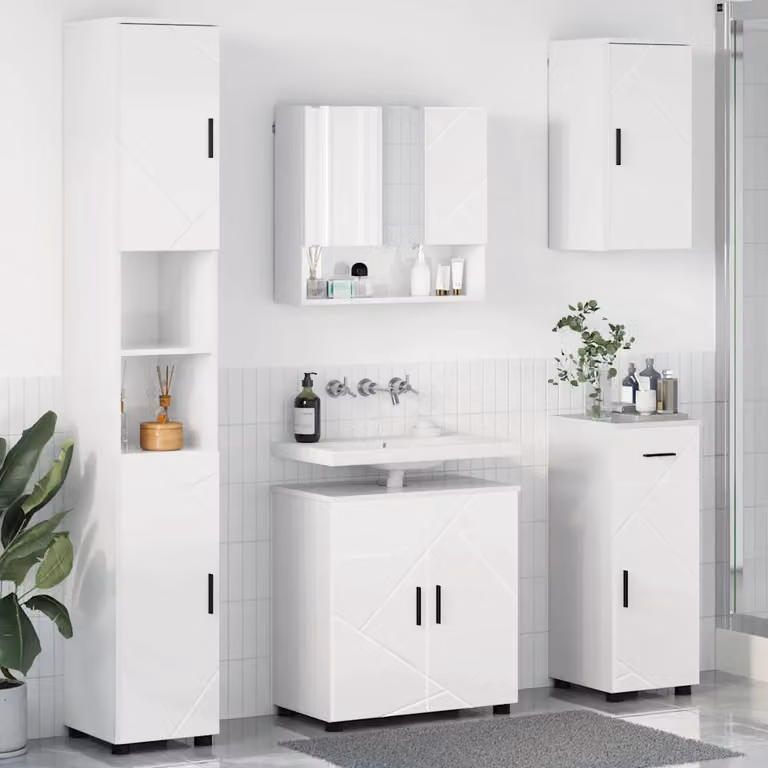 Set di mobili per il bagno moderno vidaXL in bianco lucido composto da 5 pezzi con mobile lavabo, pensile con specchio e colonna, L/P/H: 61 x 35 x 64 cm