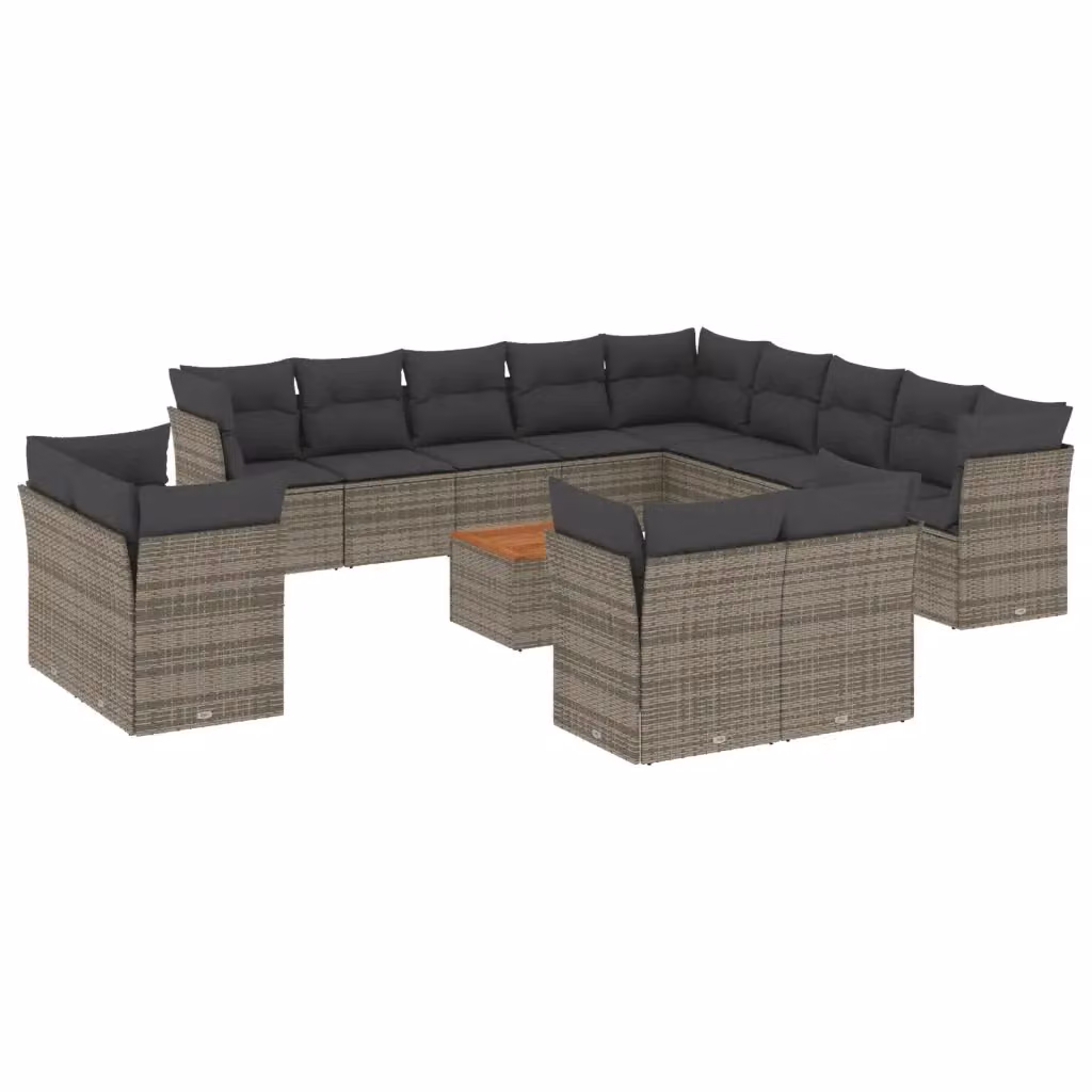 vidaXL Set di Divani da Giardino a L in Polyrattan e Legno di Acacia con Cuscini e Tavolino, Grigio – 2