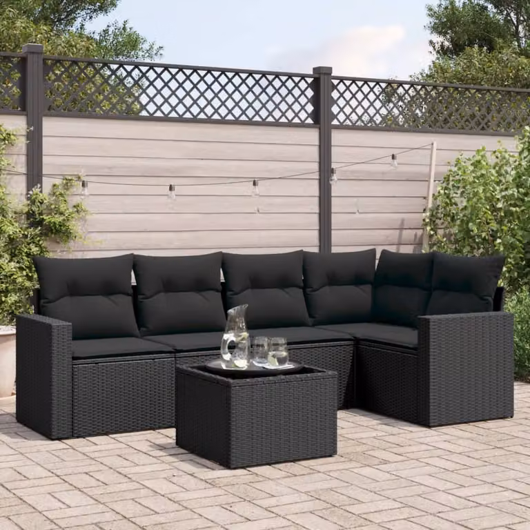 vidaXL Set Divano da Giardino a L da 6 pz in Polyrattan Nero con Cuscini e Tavolino da Esterno