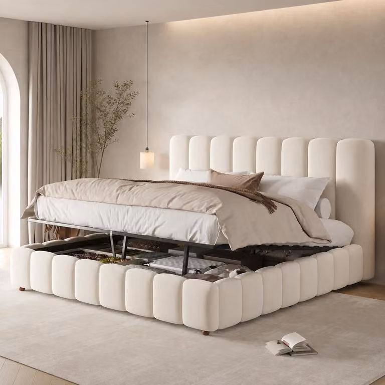 Letto idraulico imbottito Flieks, 180x200 cm, con rete a doghe, letto contenitore idraulico con testiera imbottita, letto matrimoniale in velluto, color beige