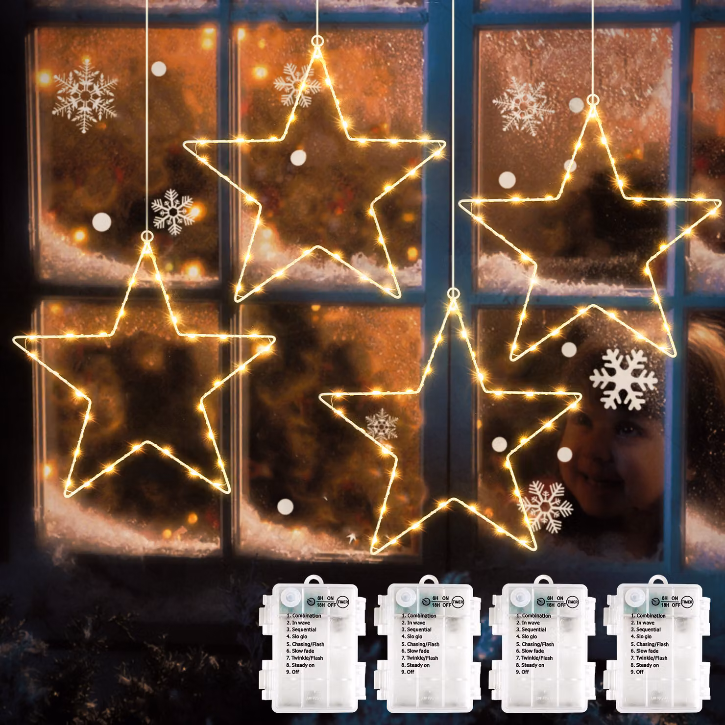 SALCAR 4 pezzi 120 LED luci fiabesche LED stella decorazione finestra Stella di Natale illuminata a batteria Appendere 8 modalità con timer e memoria Bianco caldo