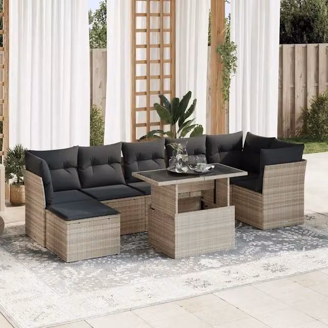 Set Divano da Giardino 8 Pezzi vidaXL in Polyrattan Grigio con Cuscini e Tavolino da Esterno – 1