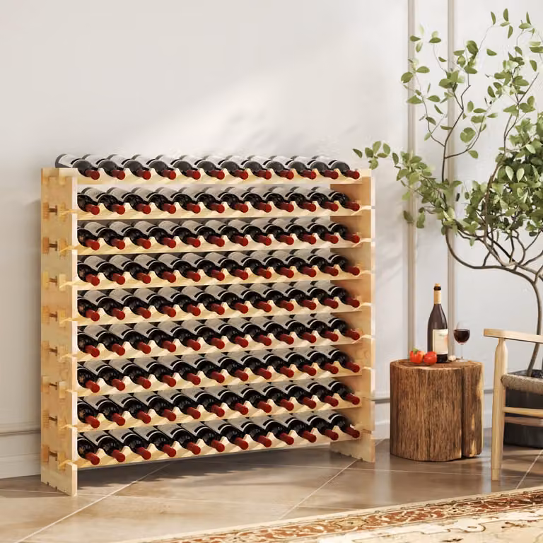 Scaffale per vino modulare e impilabile Costway in legno di pino, 9 ripiani per 108 bottiglie, colore marrone naturale