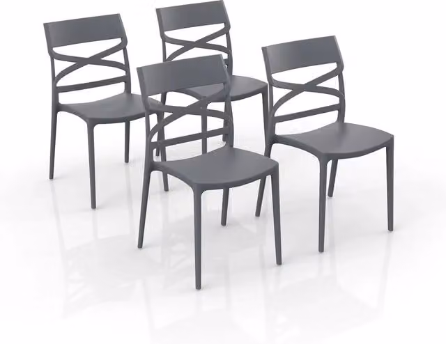 Set 4 sedie in polipropilene FLOW, 100% MADE IN ITALY, impilabile, resistente ai raggi UV, design moderno, ideale per sala da pranzo, cucina, bar, ristoranti o giardino, colore Grigio Metal