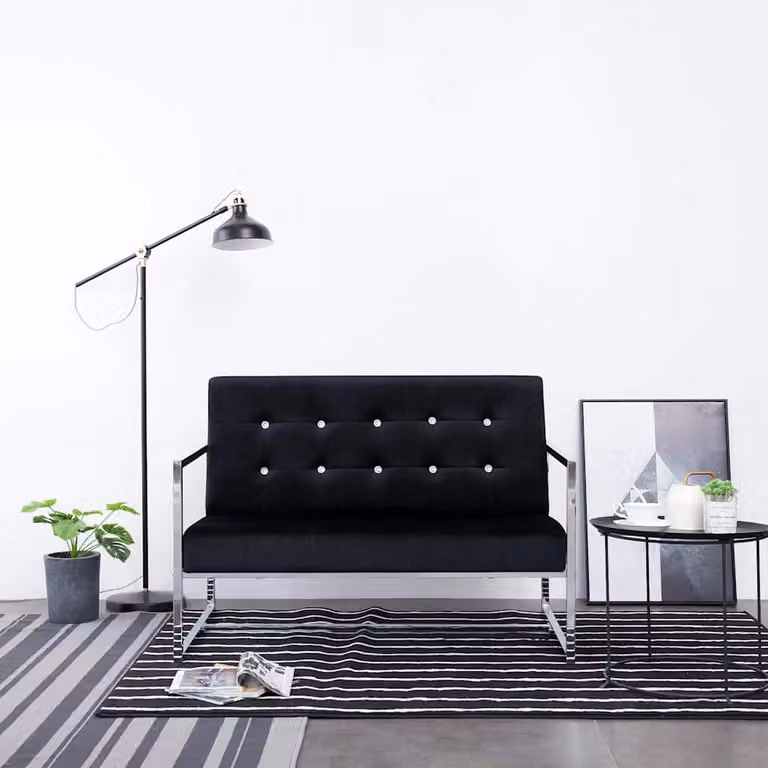 vidaXL Divano a 2 Posti Moderno in Velluto Nero con Struttura in Legno e Metallo L: 114 cm, P: 78 cm, H: 81 cm