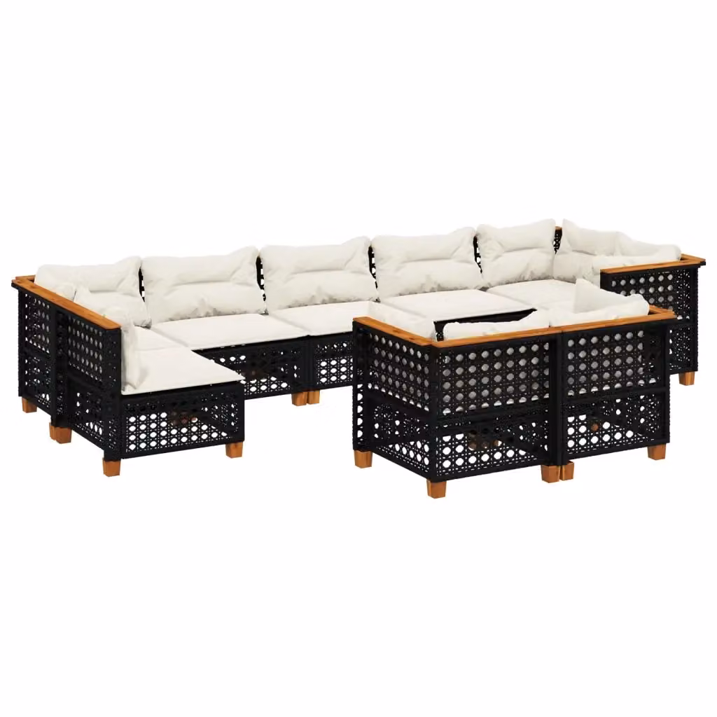Set di divani da giardino vidaXL a forma di U composto da 9 pezzi in polyrattan nero con cuscini bianchi e imbottitura mista – 2