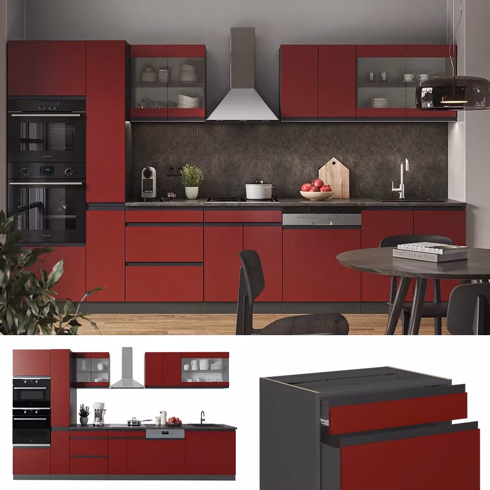 Cucina componibile moderna Vicco R-Line Rosso e Antracite con mobile alto e ante in vetro, L: 350 cm – 2
