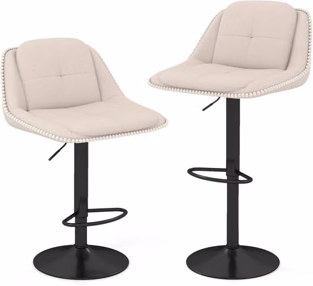 Sgabelli da bar regolabili set di 2 rivestiti in ciniglia con poggiapiedi-Sgabelli da bar cuscini imbottiti per schiena e seduta Beige