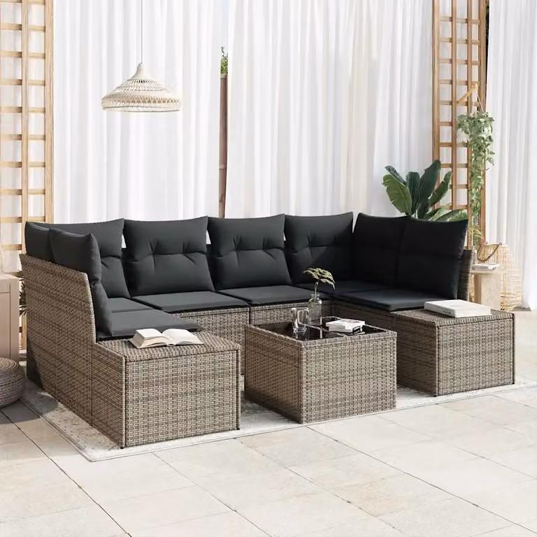 Set Divano da Giardino a L vidaXL 8 pz Grigio con Cuscini e Tavolino in Polyrattan e Metallo