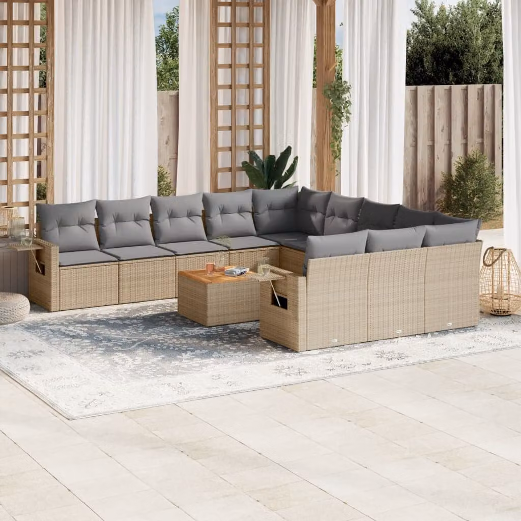 Set di Divani da Giardino vidaXL 12 Pezzi in Polyrattan con Cuscini Beige e Tavolino da Esterno – 1