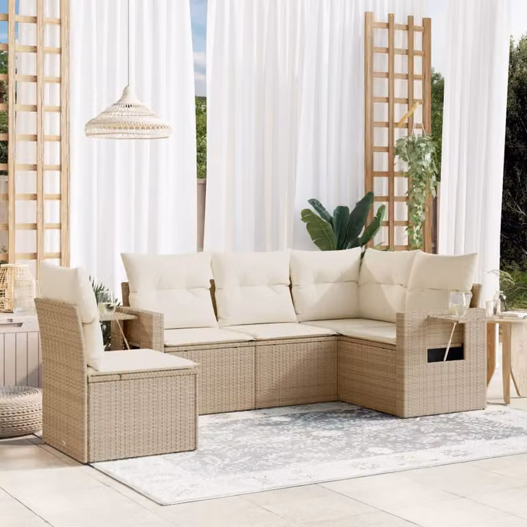 vidaXL Set Divano da Giardino 5 pz a L in Polyrattan Beige con Cuscini e Tavolino