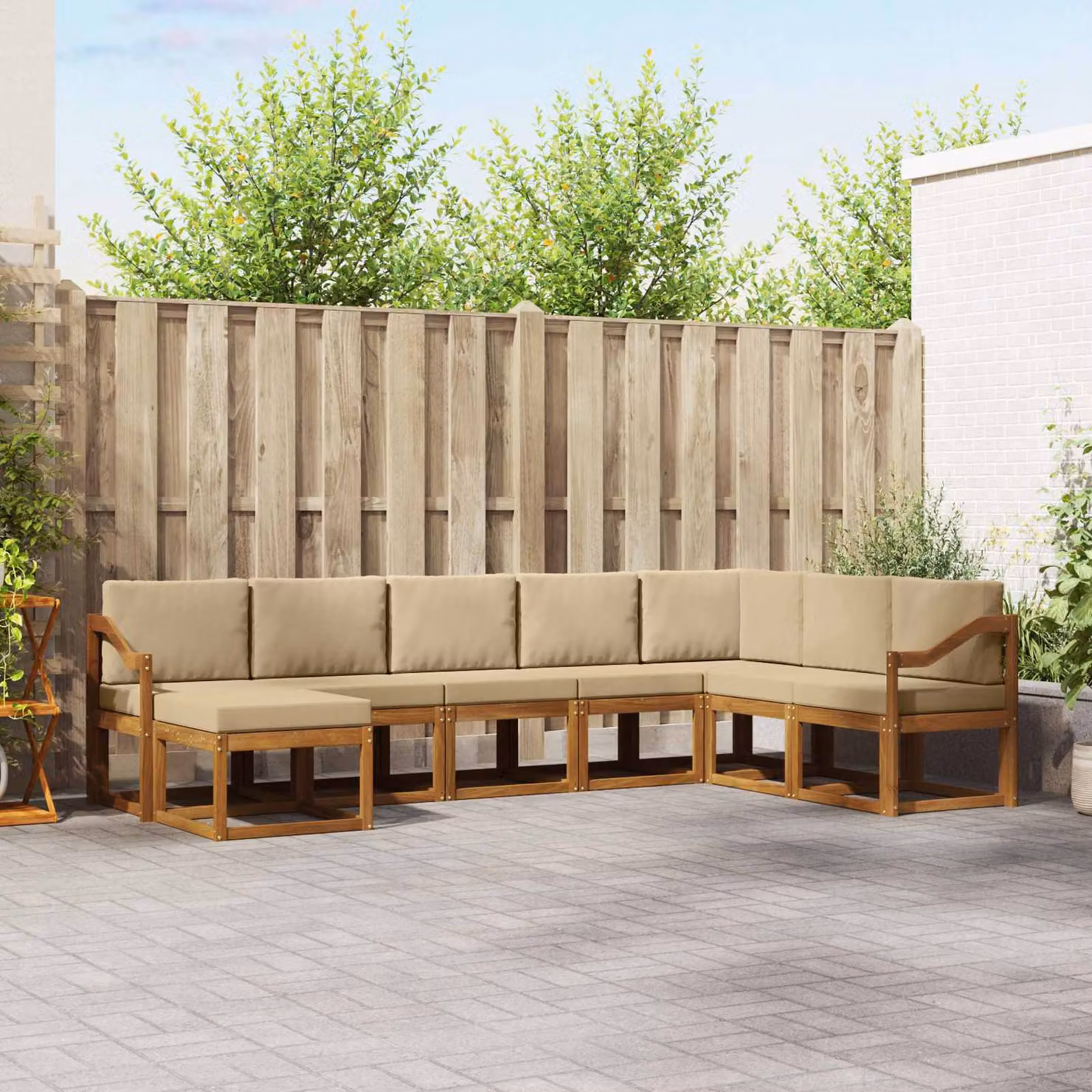 Set di divani da esterno vidaXL a forma di L in legno di acacia con cuscini, 8 pezzi, Beige e Sabbia