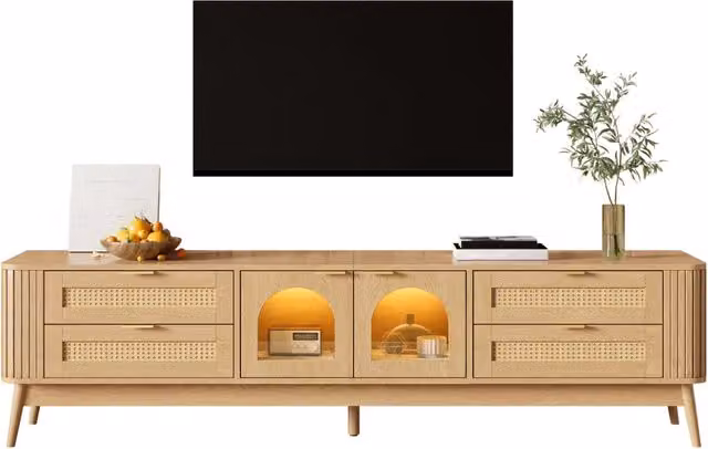 Mobile TV con 4 cassetti, ante in vetro temperato curvo, LED controllabile via app. Sideboard soggiorno in truciolato con gambe in legno massello