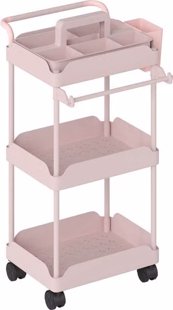 Carrello ausiliario con ruote HOMCOM a 3 livelli con ceste estraibili e porta asciugamani, colore rosa