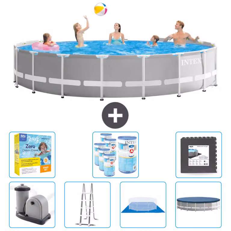 Piscina Intex Round Prism Frame - 548 x 122 cm - grigio - inclusa pompa - scaletta - telo di fondo - pacchetto di manutenzione della copertura - filtro - pavimento in piastrelle