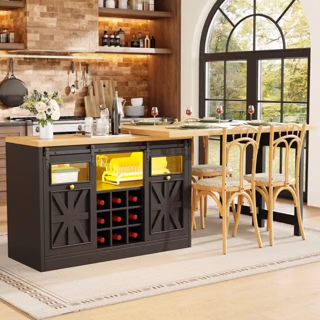 Desviae Tavolo da pranzo allungabile con credenza e piani girevoli LED RGB in MDF e vetro nero 120–197 × 40 × 72 cm