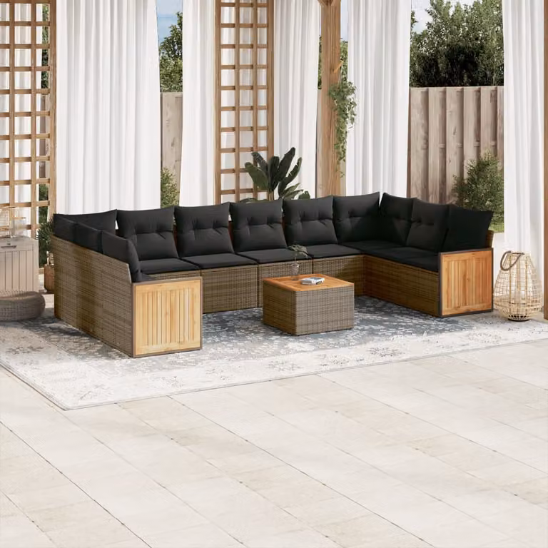 vidaXL Set Divani da Giardino 11 pz in Polyrattan Grigio con Cuscini e Tavolino da Esterno