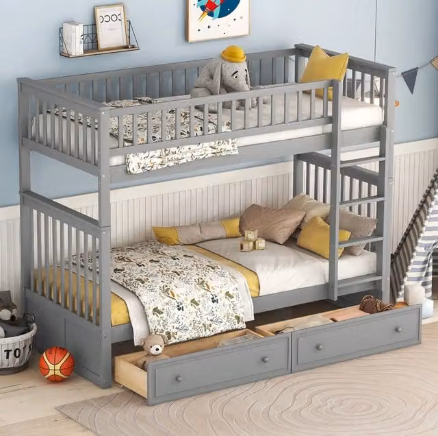 Letto a castello 90x200 cm con 2 cassetti; convertibile in due letti; grigio