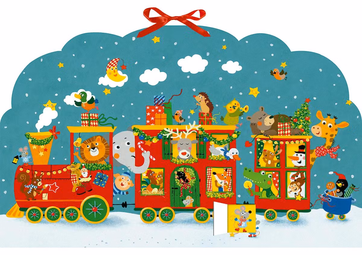 Calendario dell'Avvento a tema "Memo" – Colorata ferrovia di Natale con gli animali