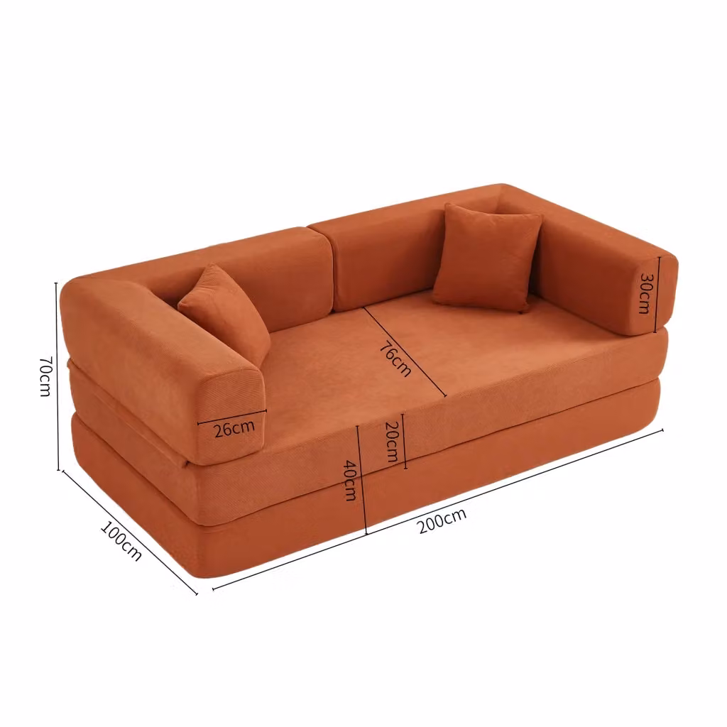 Divano letto Mivray a 3 posti in velluto a coste arancione con funzione pieghevole e cuscini inclusi – 2