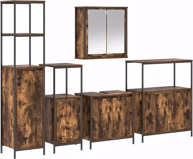 Set di mobili per il Bagno | Armadio da bagno 5 pz Rovere Affumicato e Nero