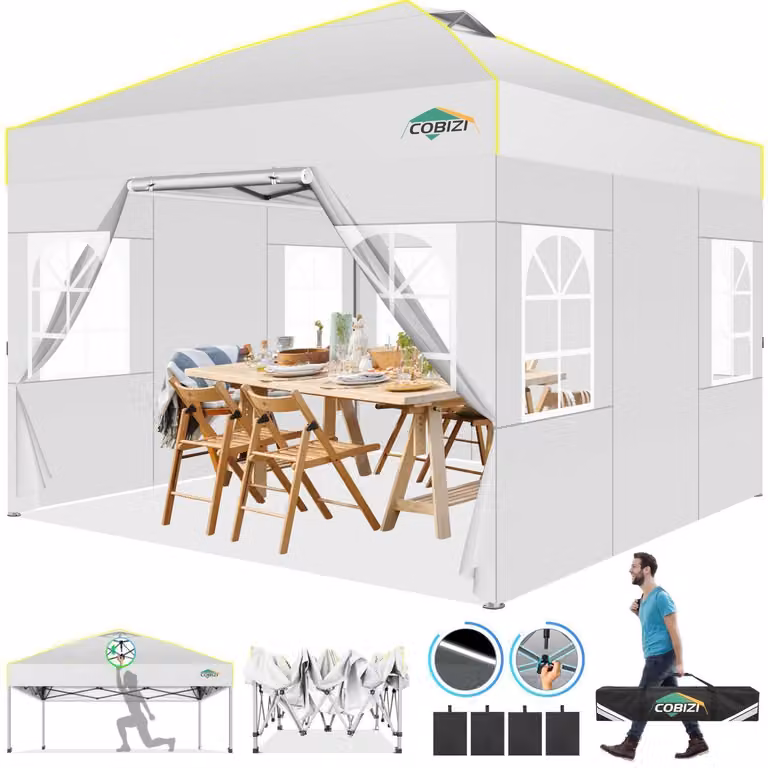 Gazebo pieghevole 3x3 metri, impermeabile, stabile, per feste, da giardino, colore bianco, con 4 pareti laterali