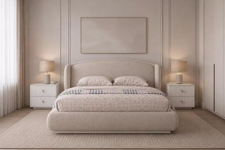 Set per camera da letto: letto, 2 comodini, design moderno, colori chiari, stile universale