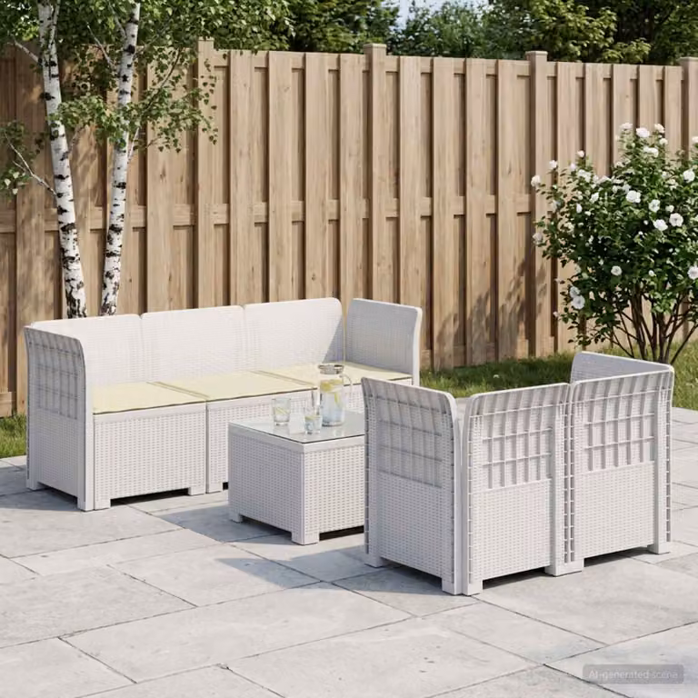 Set da giardino vidaXL a forma di L con divano da 3 posti, elemento angolare, tavolino da caffè e cuscini, stile rattan moderno, colore bianco
