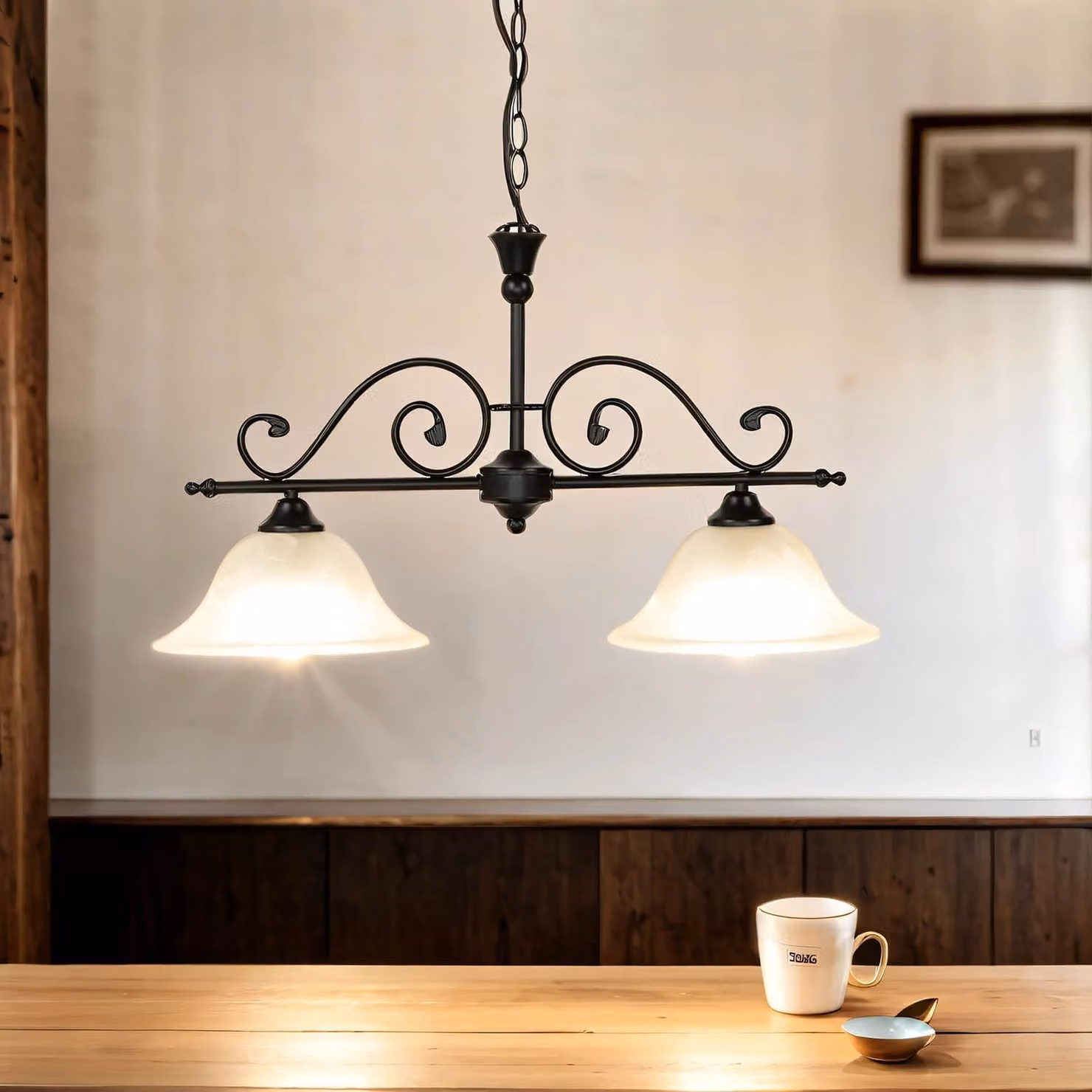 Lampada a sospensione a 2 luci, nera, in vetro, lunghezza 73 cm, attacco E27, stile rustico