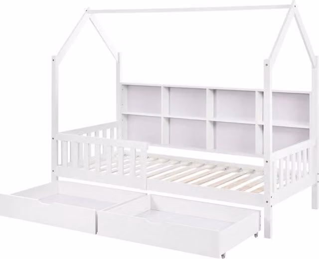 Letto casetta per bambini in legno massello bianco con libreria, 2 cassetti e barriera, L/P/H: 90 x 200 x 168,5 cm – 1
