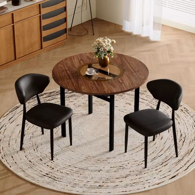 Set tavolo rotondo diametro 100 cm effetto legno con 2 sedie nere in PU, schienale curvo, stile minimalista moderno per cucina e sala da pranzo
