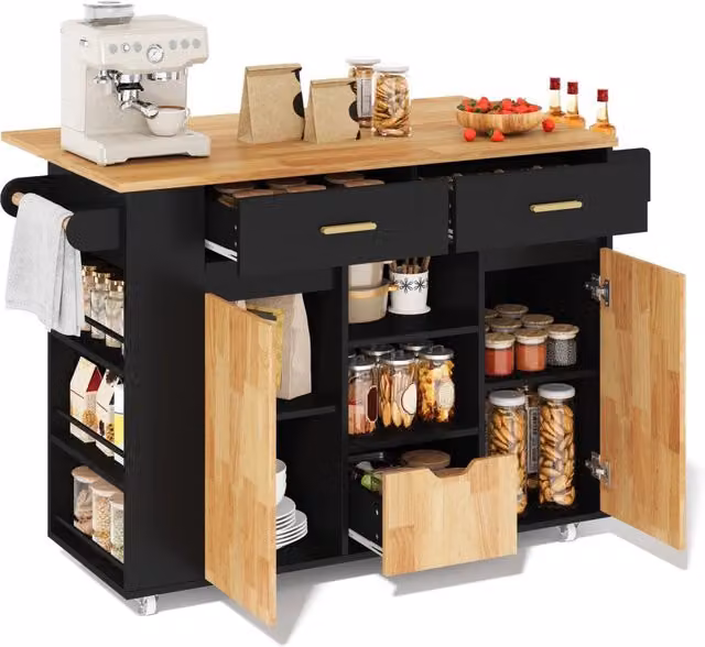 Isola cucina mobile con piano pieghevole nera effetto legno in MDF 120 x 45 71 x 90 cm