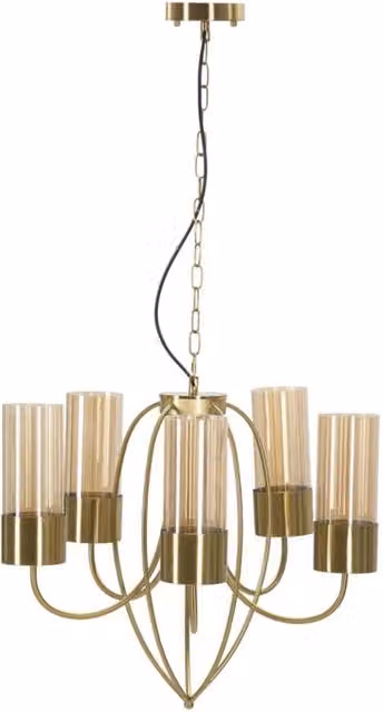 Lampadario Versailles 5 luci in ferro dorato e vetro ambrato O 80 cm