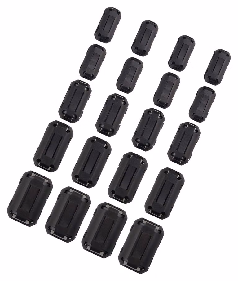 Clip per cavi in ferrite, confezione da 20 pezzi, 5 diverse dimensioni, da 3 a 13 mm, colore nero