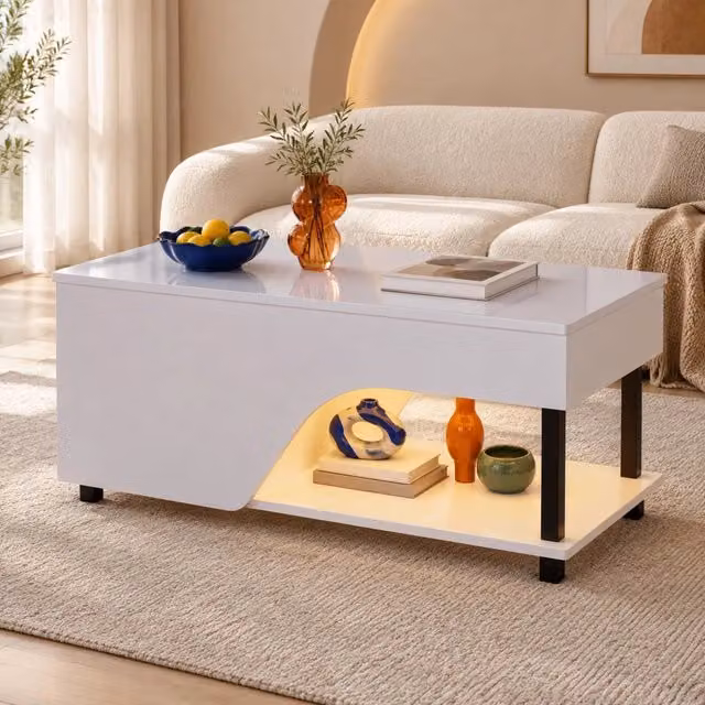 Tavolino da salotto ULEVR 100x50x46 cm regolabile in altezza con vano nascosto, LED USB e ripiani laterali, bianco