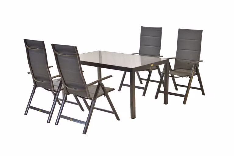 Set di mobili da giardino Merxx Taviano 5 pezzi, 4 poltrone pieghevoli, tavolo 150 x 90 cm - alluminio/tessuto