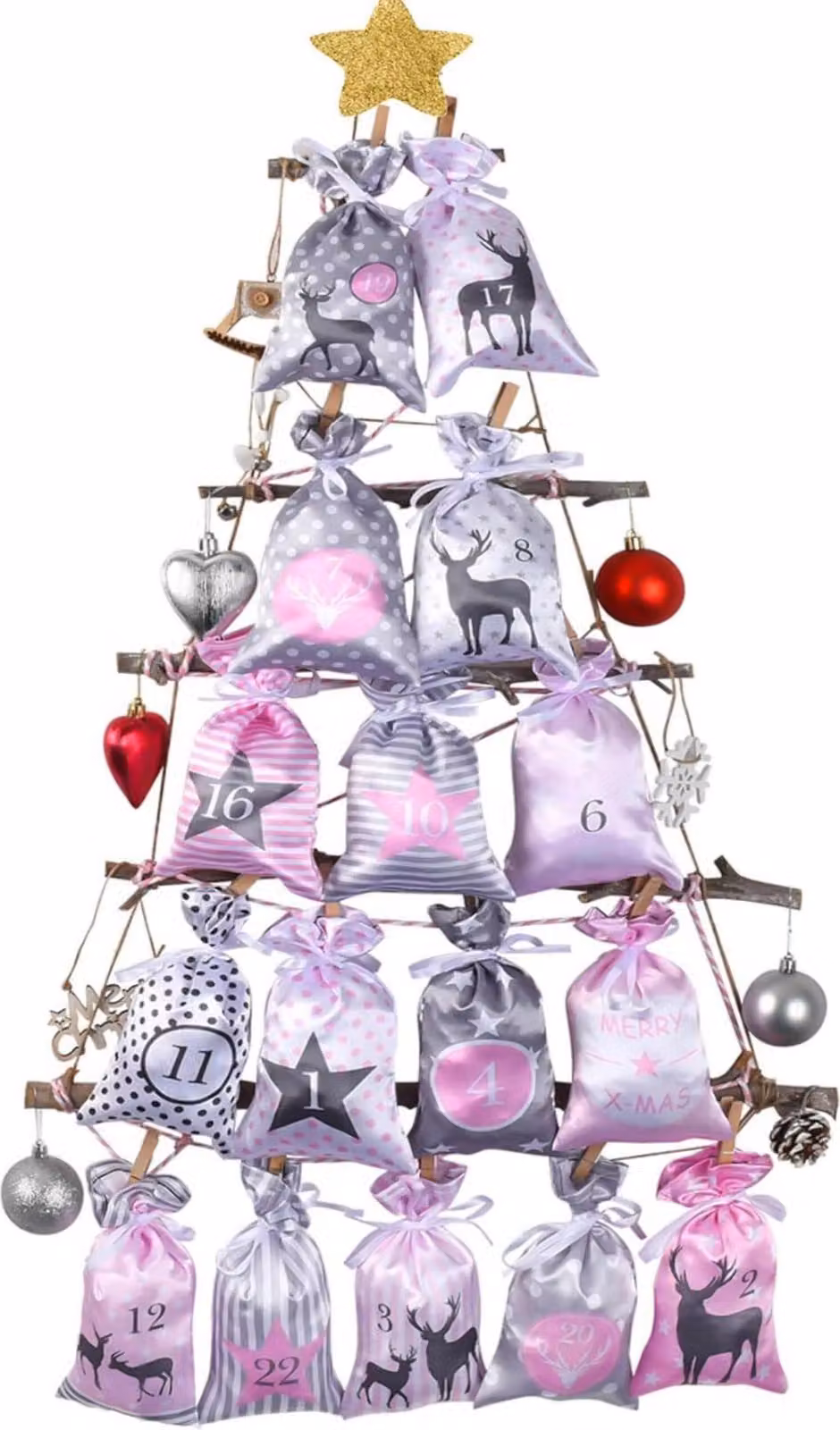 Calendario dell'Avvento fai da te da riempire Set calendario di Natale rosa grigio 24 sacchetti di tessuto 12x20cm