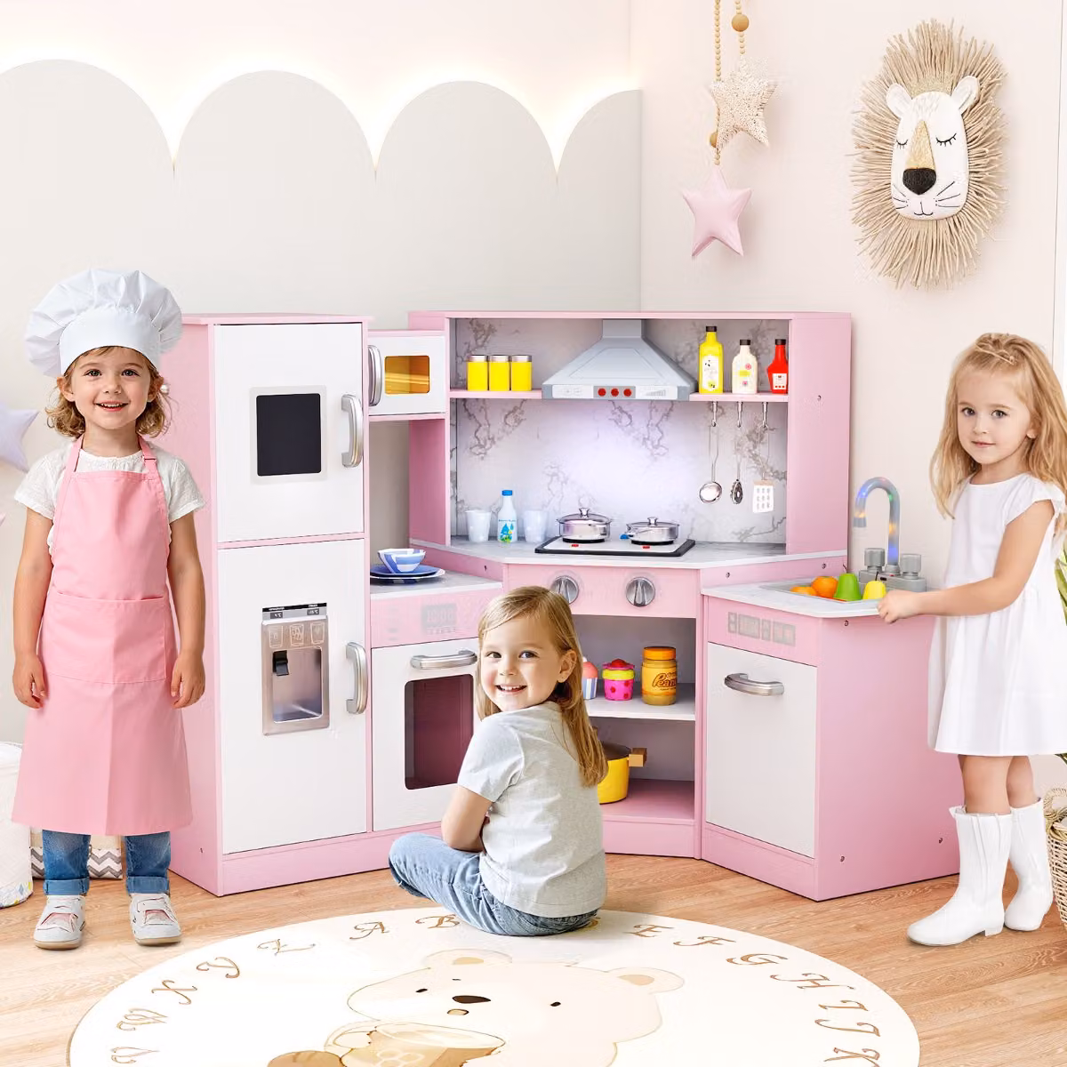 Set da cucina giocattolo in legno Costway per bambini con lavabo, suoni e luci, colore rosa