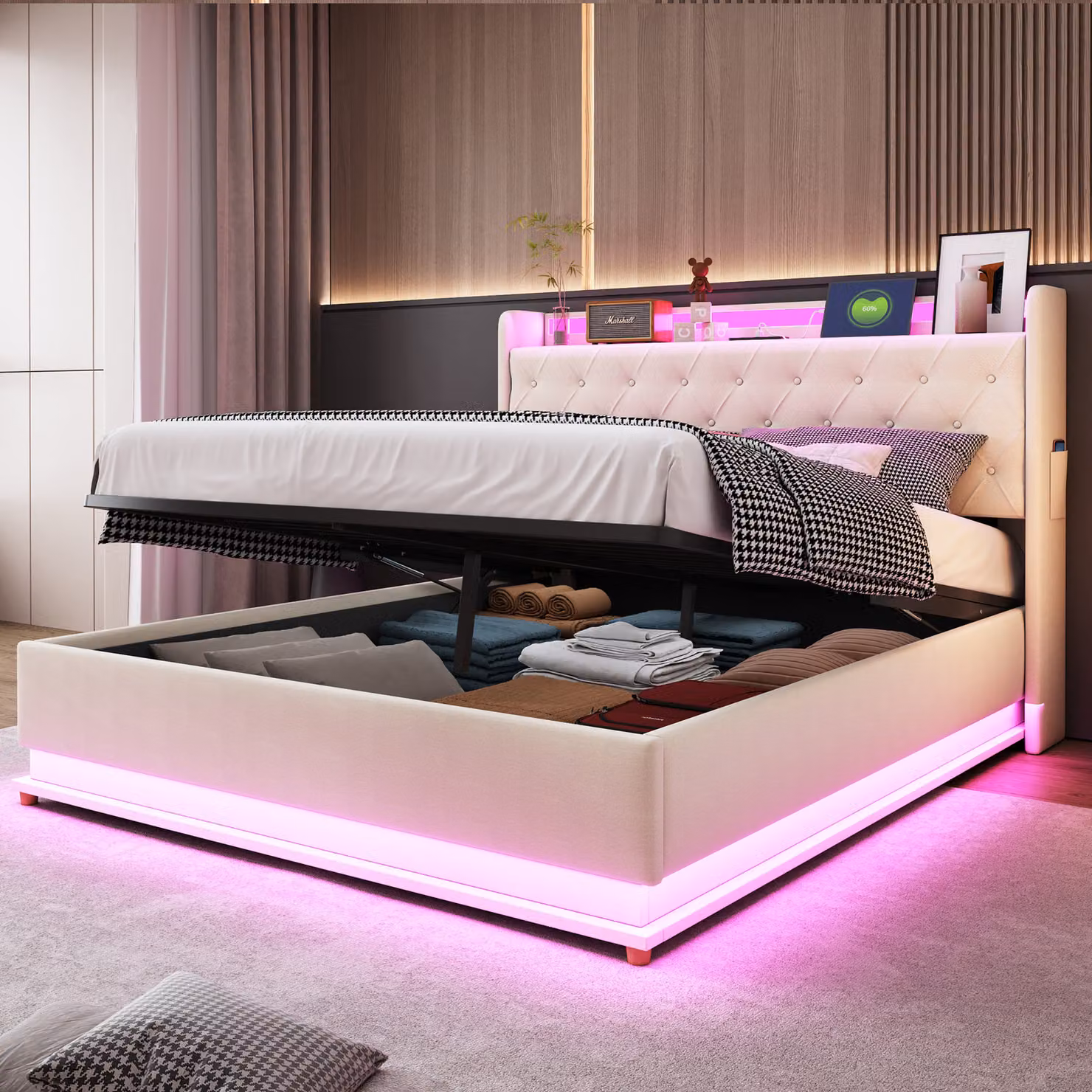 Letto imbottito Flieks 160x200 cm con USB, letto matrimoniale con contenitore, rete a doghe e LED, letto boxspring idraulico per ragazzi, lino, beige