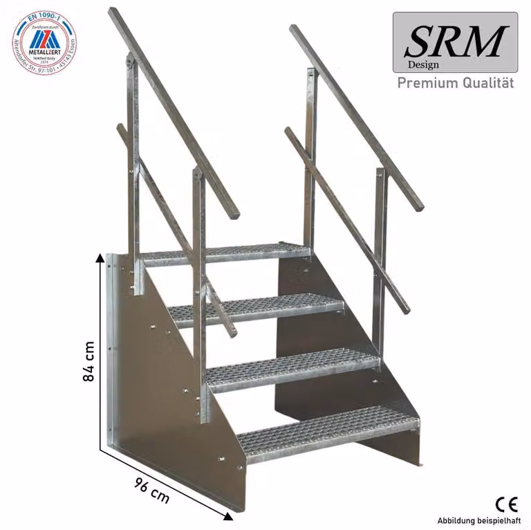 Scala a pioli autoportante a 4 gradini, modello 1, zincata, larghezza 120 cm, altezza 84 cm. 2 corrimano angolari