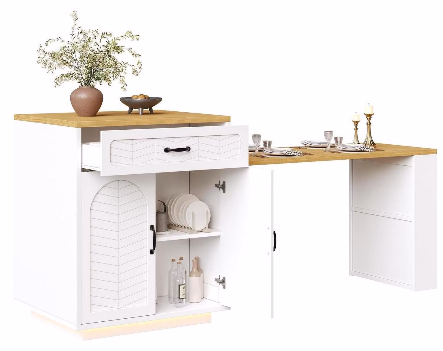 Isola da cucina con piano estendibile, cassetti, ante, colore bianco, dimensioni 141-193,5 x 70 x 95,5 cm