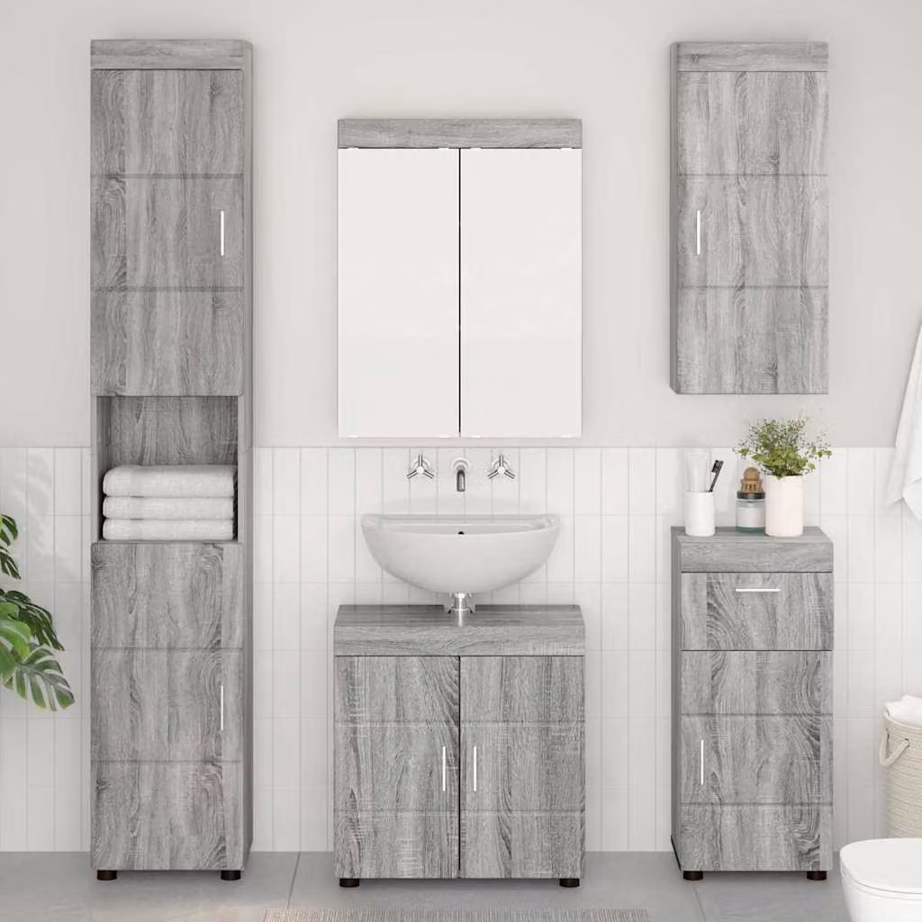 Set di mobili per il bagno moderno vidaXL TULUM in legno Grigio e Argento con armadietto a specchio e mobile sospeso