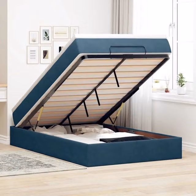 Letto con contenitore a sollevamento e pouf vidaXL in velluto blu scuro e bianco, L 120 cm x P 200 cm – 1