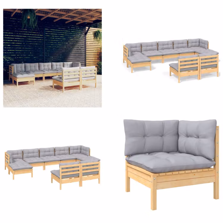 vidaXL Set salotto da giardino 9 pezzi con cuscini grigi in legno di pino - Set salotto da giardino - Set salotto da giardino - Set mobili da giardino - Set mobili da giardino