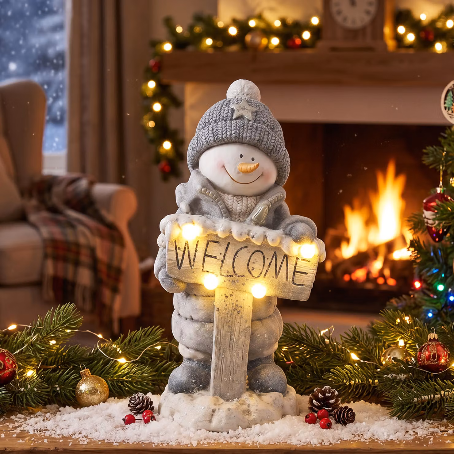 Pupazzo di neve natalizio illuminato con LED e insegna Welcome HOMCOM, bianco e grigio – 2