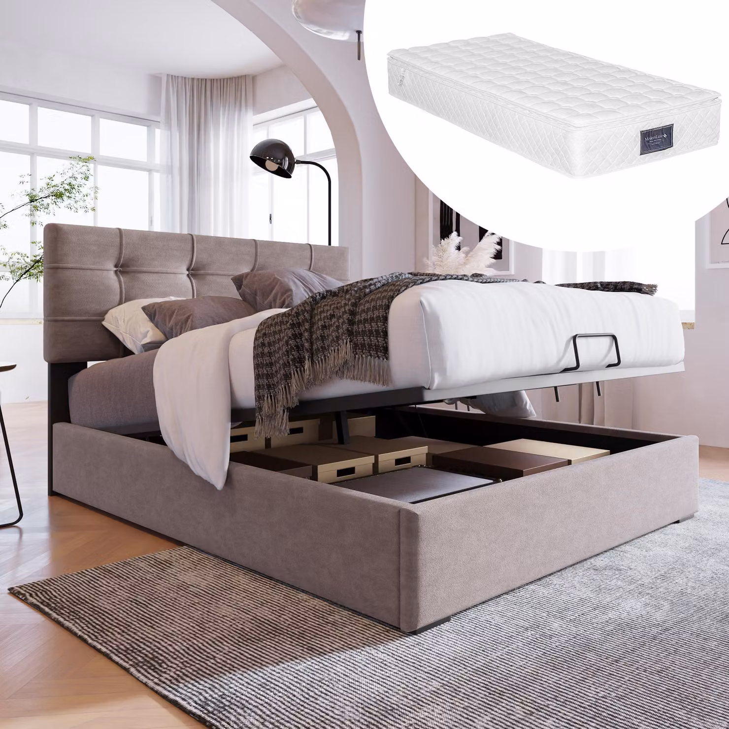 Letto imbottito 90x200 cm con spazio contenitore a sollevamento idraulico, poggiatesta regolabile e rete a doghe in metallo, struttura del letto in velluto, colore grigio chiaro
