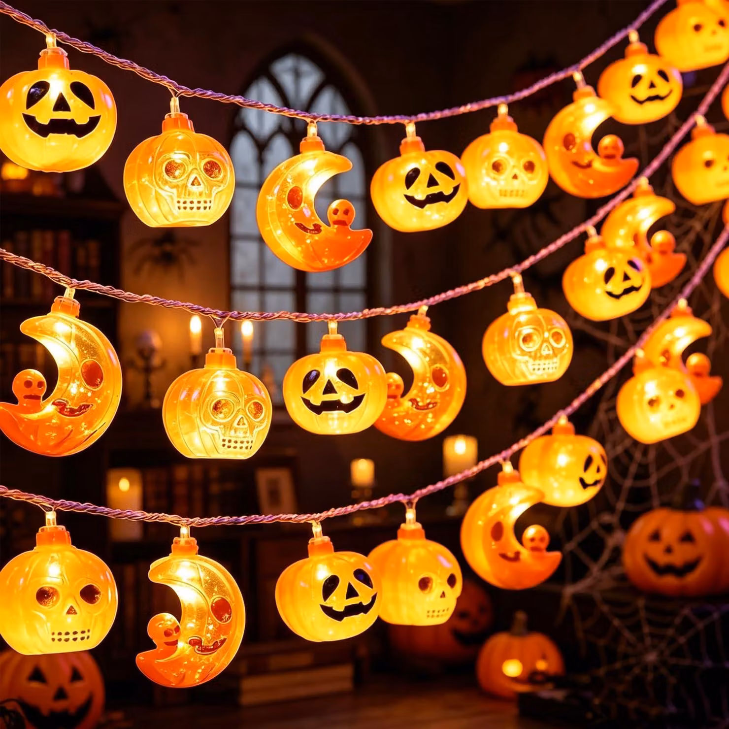 Catena luminosa a tema Halloween, 3 metri, 20 LED, con motivi di zucca, luna e teschio, alimentata a batteria