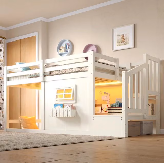 Letto a soppalco 90x200 cm in pino e MDF con finestra; scala contenitore e LED; bianco