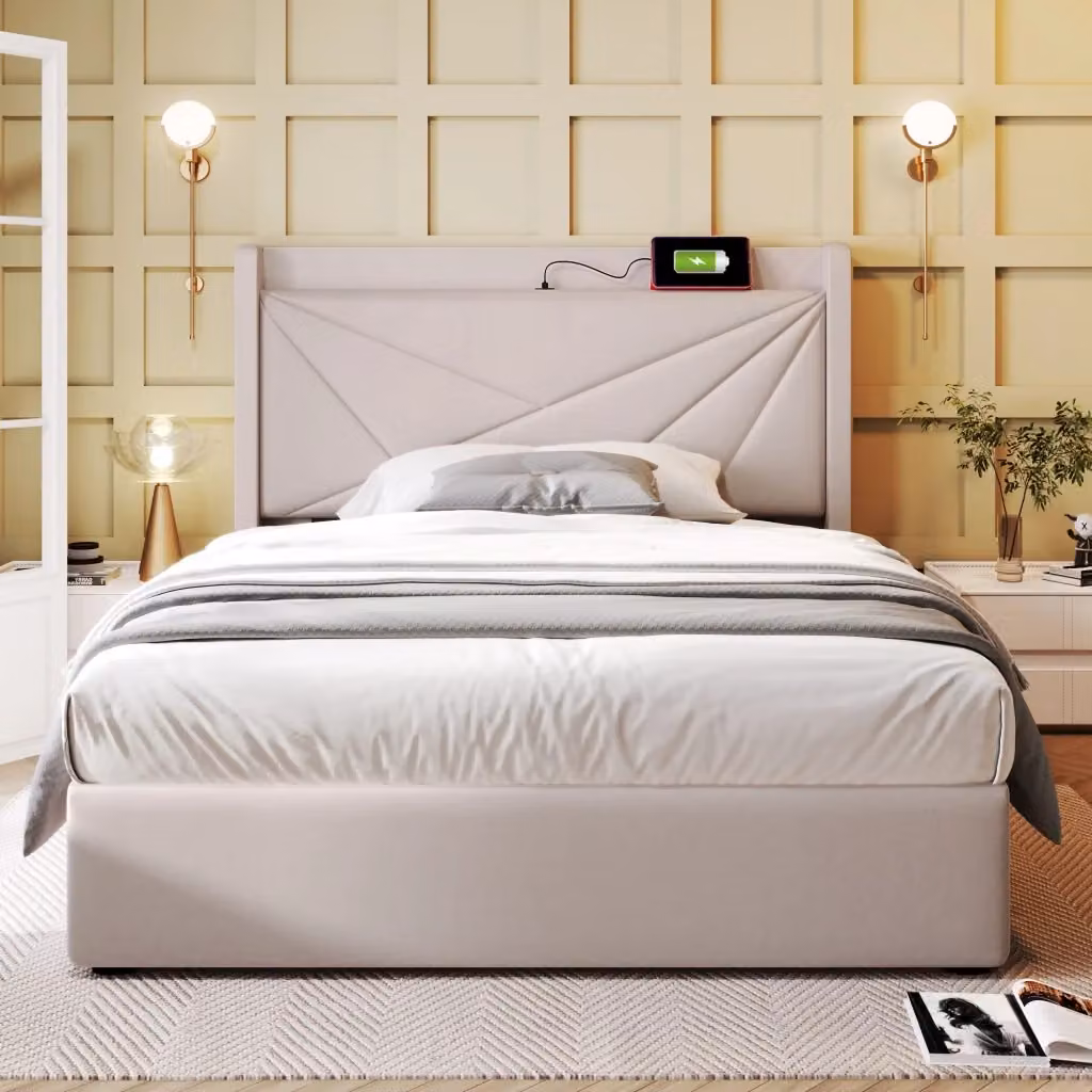 Letto singolo con contenitore Mivray beige con testiera imbottita e porte USB e Type-C L/P/H: 90 x 200 x 107 cm – 2
