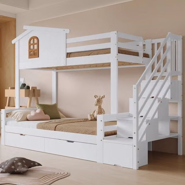 Letto a castello per bambini 90×200 cm e 120×200 cm con 2 cassetti e scala angolare, senza materassi, bianco naturale